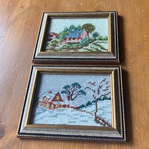 Vintage Needlepoint Pictures Pair of Houses